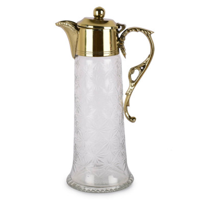 Neer Brass and Glass Jug and 2 Small Goblet Set - Gold Finish - 7.5 inch Tall Goblets and 14.5 Tall Jug